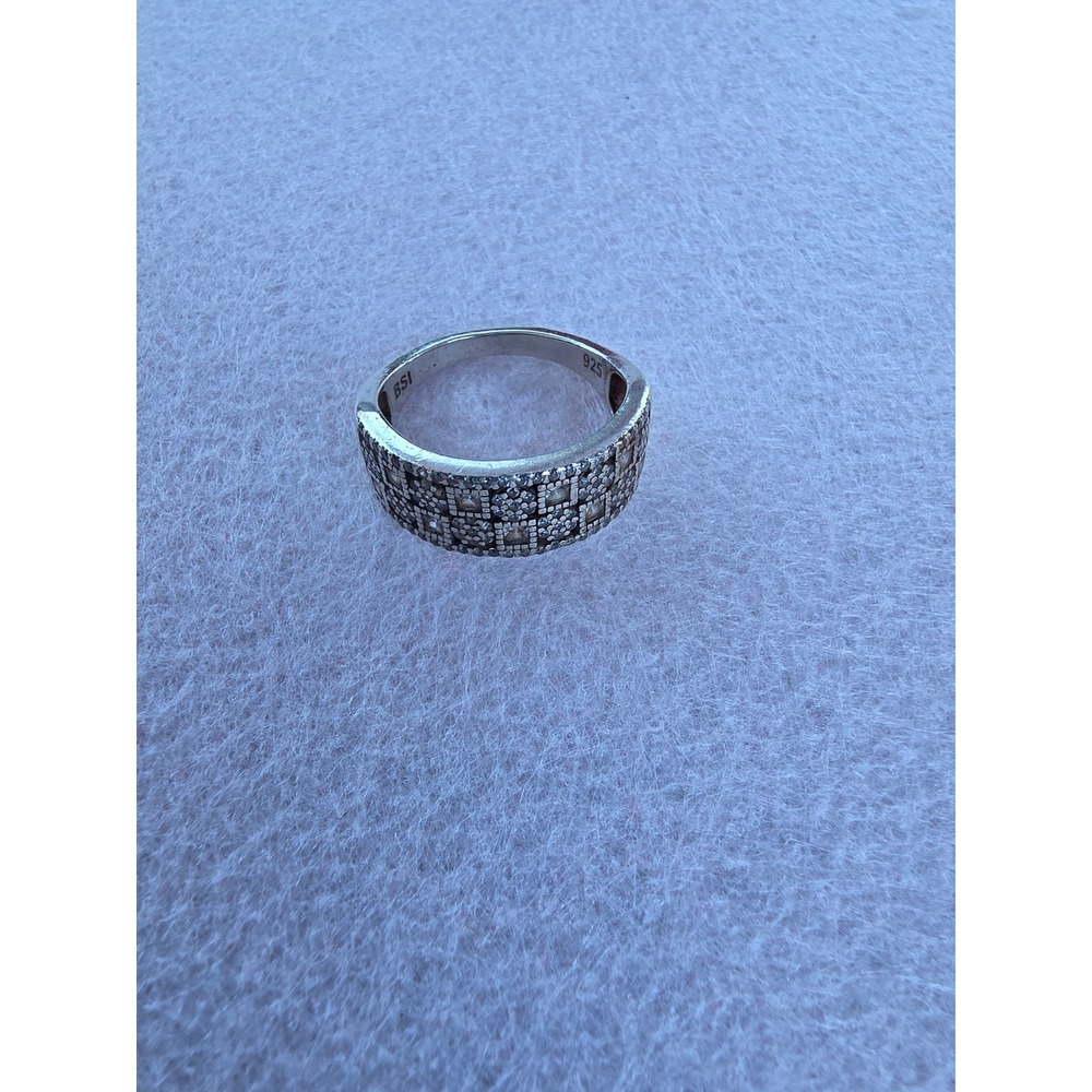 BSI Sterling Silver 925 Pave Checkerboard Floral Band Ring Size 8.5 Clear Stone